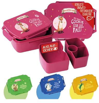 AWAVE Die Schule der Magischen Tiere Brotdose Kinder mit Fächern rPET Beerenrot Rabbat Snackbox 1 L mit Deckel und 4 Fächer Unterteilung