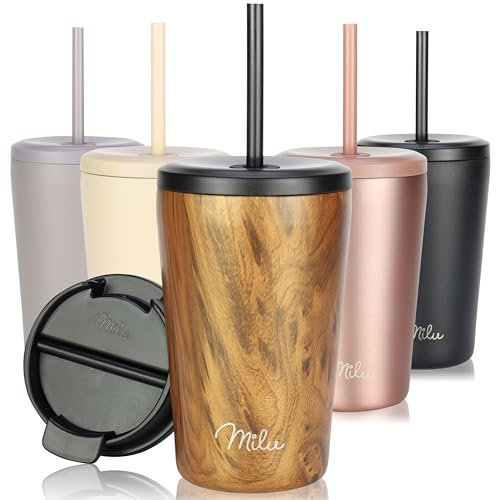 Milu Thermo Mug 400ml - 100% Leak-Proof - Stainless Steel Coffee Mug to go Insulated with Straw Keeps hot for 10h / Cold for 20h, BPA-Free (Wood, 400ml)
