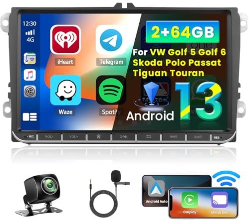 Inefala 9 Pollici Autoradio Android 15 per VW Golf 5 Golf 6 Skoda Polo Passat Tiguan Touran 2 DIN Schermo (2+64GB) con Wireless CarPlay Android Auto FM RDS GPS Bluetooth WiFi Comandi al Volante