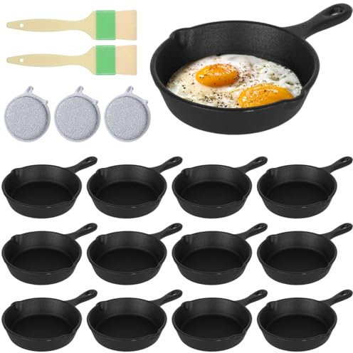 OMISTAR 20 Pack 4 inch Cast Iron Skillet, Mini Nonstick Frying Pan with Oil Brush and Sponge, Single Serve Egg Pan Long Handle Omelet Pan, Grill Safe