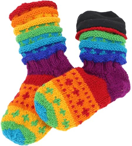 GURU SHOP Handgestrickte Schafwollsocken, Nepal | Kuschelig warme Wolle, handgefertigt in Nepal, Unikat, ideal als Haussocken, angenehm und gemütlich.