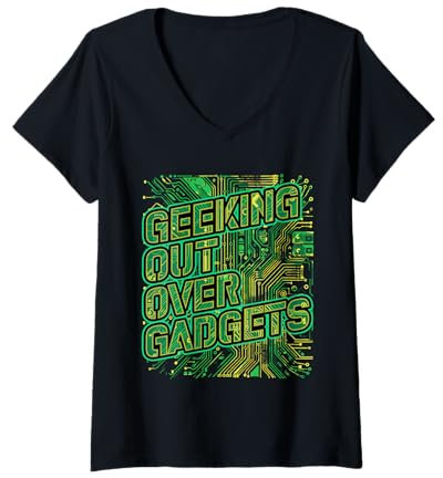 Mujer Geeking con los gadgets Camiseta Cuello V