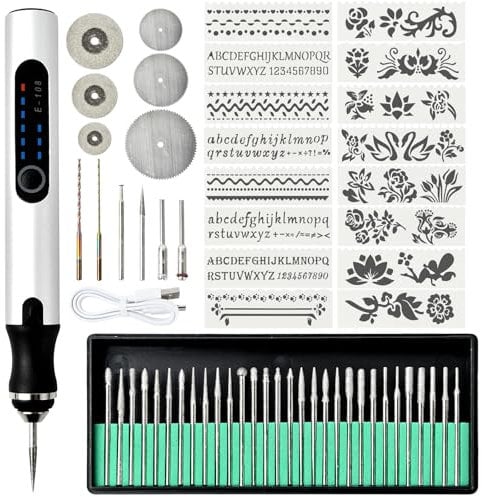 Focenat Stylo graveur électrique,Kit d'outils gravure sans fil,Outil de gravure sans fil avec forets et pochoirs,Graveur de Bricolage Portable,pour sculpter le verre,bois,métal,pierre,clous,céramique