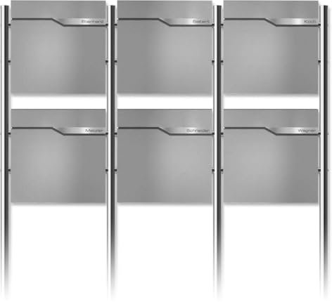 Metzler 6er Standbriefkasten in Graualuminium - Pulverbeschichtet & mit Zeitungsfach - Inkl. Edelstahl Standfuß & Namensschild - Personalisierbar - Standbriefkasten für 6 Perteien Freistehend