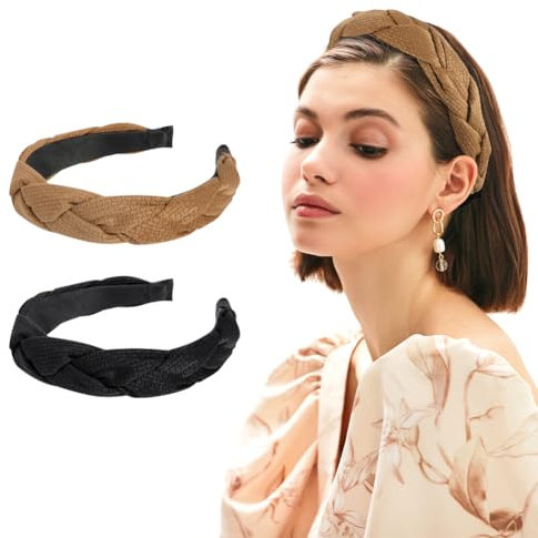 LOPHE Haarreif, Rutschfestes Geflochtenes Stirnband, Modische Damen-Kopfbedeckung mit Breitem Haarband, Niedliches und Schlichtes Stirnband als Kopfschmuck für Damen(Schwarz+Kaffee)