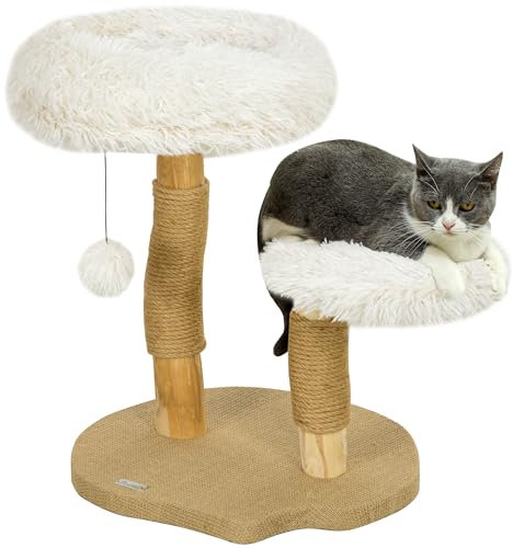 PawHut Kratzbaum 61,5 cm hoch Katzenkratzbaum mit Spielball, Betten, Katzenturm mit Katzenkratzbrett, für Katzen unter 5 kg, Birnbaumholz, Weiß