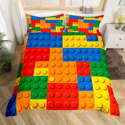 Homewish Spiele Bettwäsche Set 135x200 für Kinder,Farbe Bausteine Bettbezug für Jungen Mädchen,Reversible Spielzeug Ziegel Bett Set,3D BAU Bettbezug,mit 1 Kissenbezug für Schlafzimmer