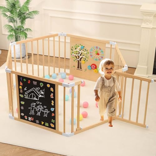 All-in-One Laufstall aus Holz für Babys mit Tür, verstellbarer Spielzaun aus Holz mit doppelseitiger Tafel, Whiteboard und Montessori Aktivitätsspielzeug, erweiterbares Aktivitätszentrum sicher für