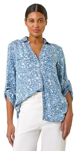 Roman Originals Shirt for Women Ladies Cotton Blouse Button Through Tunic Printed Top Work Long Sleeve Smart Casual Going Out Work Office V Neck Everyday Evening Event - Light Denim - Size 20