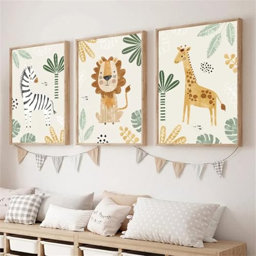 champracer 3er Set Poster Kinderzimmer,Kind Waldtiere Poster Kinder Wandbilder,Deko Babyzimmer Jungen Mädchen,Bilder Kinderzimmer Giraffe Zebra Löwe Bilderwand ohne Rahmen (30 x 40 cm)