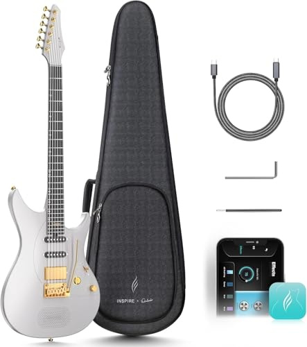 E-Gitarre Inspire 99,1 cm (39 Zoll), intelligente elektrische Kohlefaser-Gitarre mit 15 W kabellosem Lautsprecher, 20 verschiedene Töne, integrierte Voreinstellungen, Ladekabel, Einstellschlüssel und