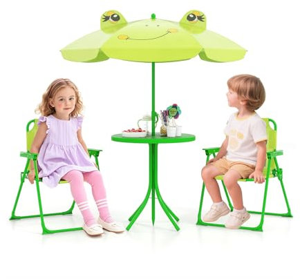 FANTASK 4 teilige Kindersitzgruppe mit Sonnenschirm, Outdoor Sitzgruppe mit 2 Klappstühlen, Camping Kindersitzgarnitur (Hellgrün)