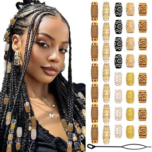 Shimmerz 38 Stück Holz Haarperlen für Zöpfe Loc Schmuck Holzperlen Dreadlock Accessoires Vielformige Loc Perlen Haardekoration für Frauen und Männer