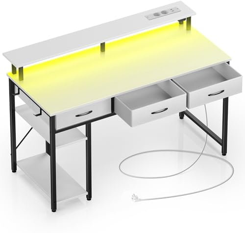 Rolanstar Schreibtisch mit Schubladen, Computertisch mit Steckdosen & LED, Gaming Tisch mit Monitorständer, Regal & 2 Haken, Gaming Schreibtisch für Büro, Wohnzimmer(Weiß, 120x47x90,5cm)