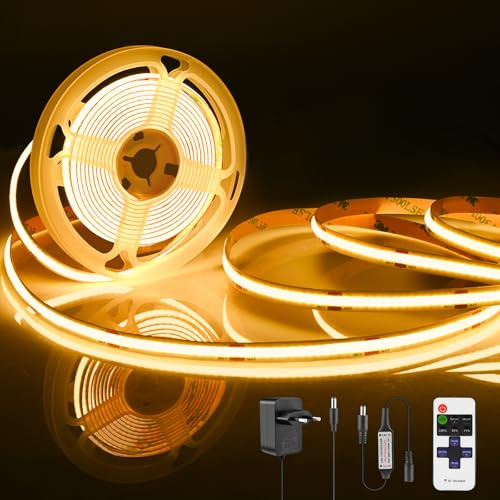 Oumida 2 Metri Striscia LED COB con Telecomando e alimentazione,3000K Bianco Caldo 640LED CRI92+ 24V Dimmerabili Strisce Luce LED Flessibile per Retroilluminazione TV, Cucina, Camera da Letto (2M)