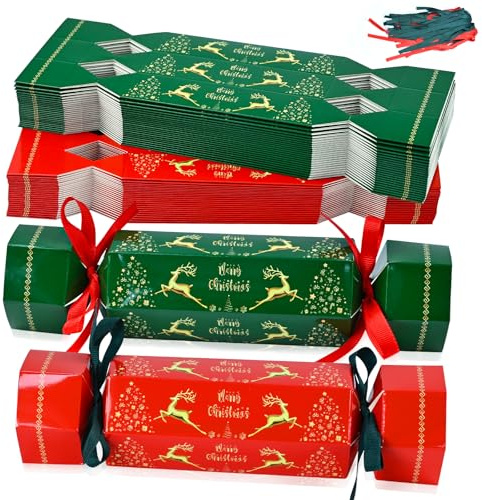 DARENYI Confezione da 50 Cracker Natalizi, Cracker Natalizi Sfusi, Scatole di Carta per Caramelle, Diy Regali Scatole Rosso Verde Giochi per Regali Famiglia Feste di Natale
