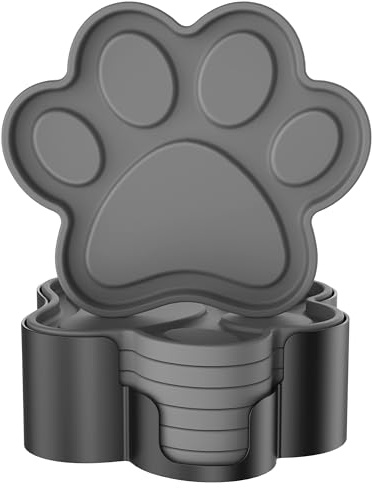 STLIAN Silicone Coasters 6 Pack Paw Cup Mat with Holder Deep Grey | Dog Cat Paw Shape, for Hot or Cold Drink, Non-Slip, Non-Stick, Room Decor, Housewarming