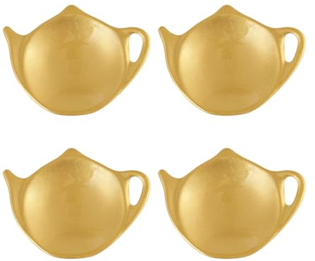 Supreme Housewares Regal Gold Tea Bag Holders, Teapot Shaped Tea Bag Coasters Spoon Rests Saucer Seasoning Dish Set, Christmas Decorations, Yellow, 4 x 3 Inch, Set of 4