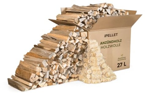 iPELLET Leña de pino, caja de 27 litros (aprox. 7 kg) con encendedores de lana de madera, producto natural, encendedor para estufa, barbacoa y hoguera