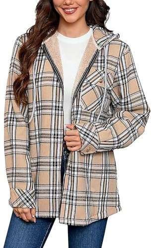 NSICBMNO Vestes d'hiver pour femmes, sweat à capuche zippé pour femme, veste polaire à carreaux avec poches, capuche doublée en polaire sherpa, veste à carreaux, sweat à capuche surdimensionné avec