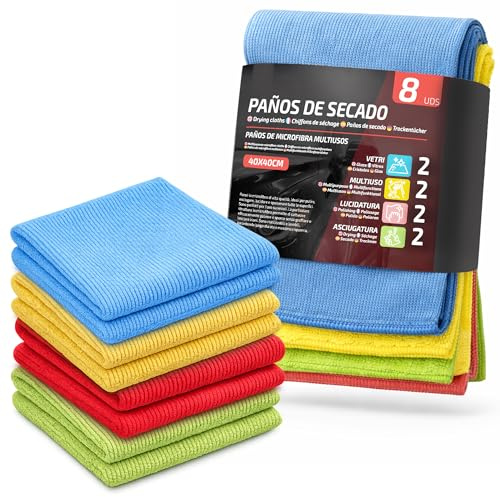 Paños Microfibra Coche 4 Piezas – 40x40 cm Cristales Pulido Secado | Absorbe 8 veces su peso – Resiste 300 lavados – No deja marcas – No raya la pintura – Borde rematado – También hogar y moto