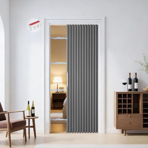 Rideau de porte magnétique 120 x 200 cm - Pliable - Occultant - Porte intérieure pliable - Sans perçage - Avec rail adhésif - Crochets - Pour armoires, salle de bain, chambre à coucher, salon - Gris