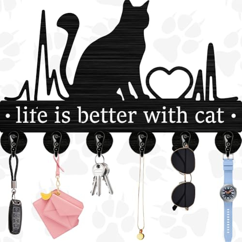 PRESSINART Porte Clés Chat Noir Mural 11.8 x 7.5 Pouces Motif Chat Battement De Cœur Bois Fer Organisateur Suspendu avec 6 Crochets pour Entrée Salon Chambre Sac Suspendre Décor Élégant et Pratique