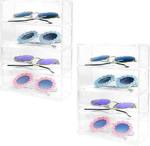Pueine Sunglasses Organizer,Each Clear Sunglass Holder With 4 Drawers,Acrylic Display Glasses Organizer,Eyeglass Organizers Drawer For Glasses Jewelry Watch Storage