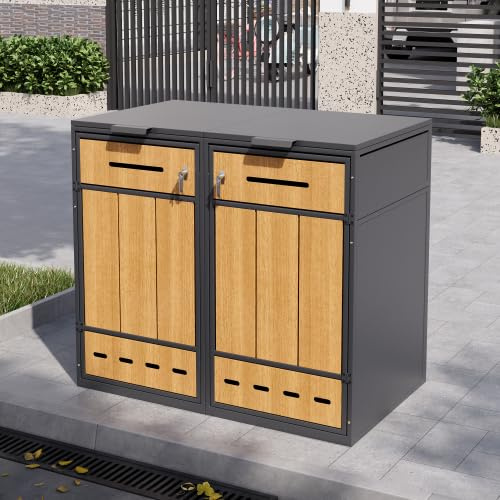 Cache-poubelle pour 2 poubelles (120-240 litres), verrouillable, avec aspect bois et ventilation, armoire en acier résistant aux intempéries pour jardin, terrasse, balcon – Idéal pour la maison et le
