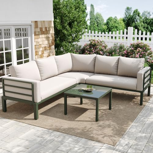 Gartenmöbel Set Balkon-Terrassenmöbel Eckbank für 4-5 Sitzer, feste L-Gartenlounge mit 10 cm Polster & 70,5 cm Rückenlehne, inkl. Glas-Couchtisch & waschbaren Hussen, flach verpackt in 2 Kartons