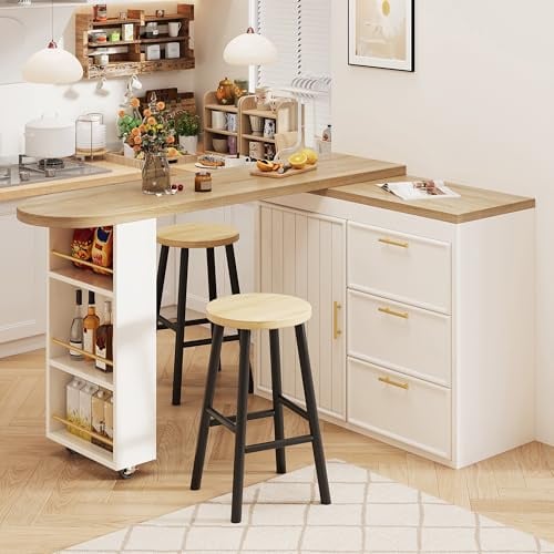Ktipm Mesa de Bar Extensible Gira 360° con 2 Ruedas y 3 Cajones, Barra Cocina Isla Cocina con 1 Puerta y Estante Ajustable, Compartimento Lateral y Dispositivo Antivuelco, 128-203x39x90 cm, Blanco