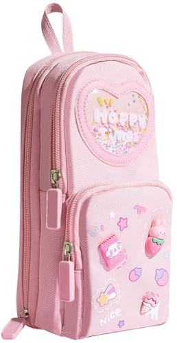 BOSREROY Pink Pencil Case, Large Capacity Standing Pen Holder with Happy Times Design, Canvas Stationery Organizer with Kawaii Patches, Double Zipper Storage Pouch, Includes 5 Pastel Gel Pens