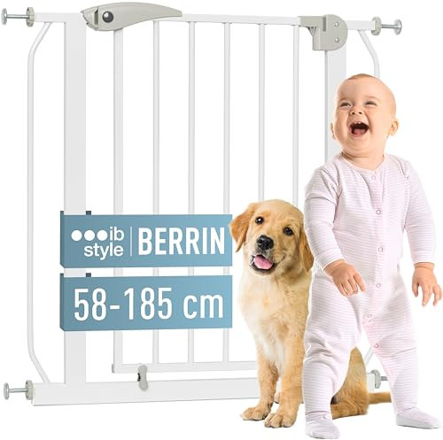 ib style Cancelletto per Bambini di Sicurezza Berrin 125-135 cm - Scale e Porte, Senza forature, Metallo, 90° Stop, Anche per Cani e Animali Domestici, Bianco