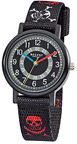 Regent Kinder-Armbanduhr Elegant Analog Textil-Armband schwarz rot weiß Quarz-Uhr Ziffernblatt schwarz grau URF950