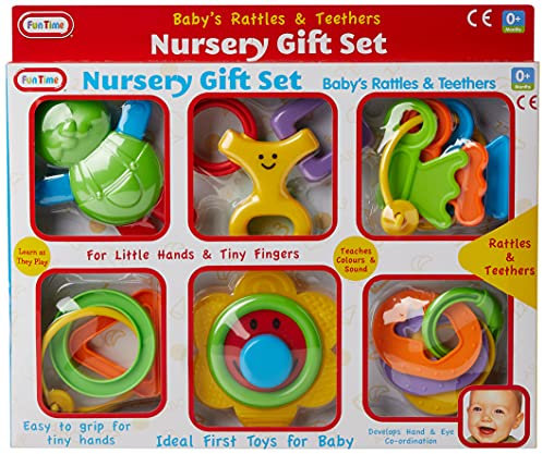 Baby's First Rattles and Teethers Nursery Gift Set, 6 Pieces, Colourful Educational Toys for Infants