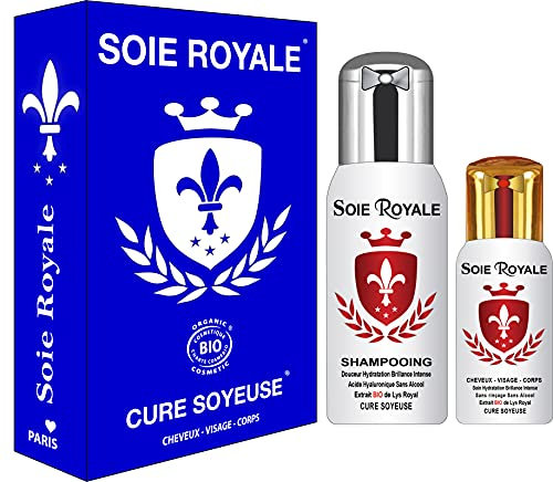 Coffret Soie Royale BIO Cure Soyeuse Sérum 66 ml Soin hydratation Brillance Intense Fleur de Lys BIO Shampoing 125 ml BIO Régénérant Rajeunissant Cheveux Visage Corps Coco Acide Hyaluronique Plantes Végétales Organiques Vitamines E F Sans alcool Certifié Ecocert Cosmébio Made in France Divinement Royale Inoubliable.