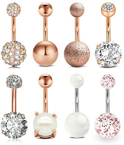Incaton 8 Stück 10mm Bauchnabelpiercing Chirurgenstahl Bananabell Piercing Bauchnabel Ringe Piercing mit Kristall Rose Gold