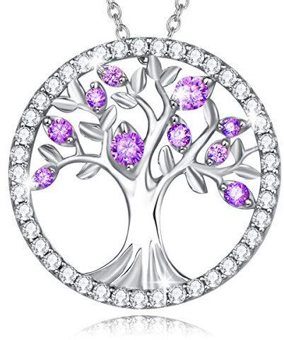 Agvana Birthstone Necklace Citrine Amethyst Emerald Peridot Tree of Life Necklace Jewelry for Women Teen Girls Anniversary for Wife Sterling Silver Necklace, 16+2 Inches Extender