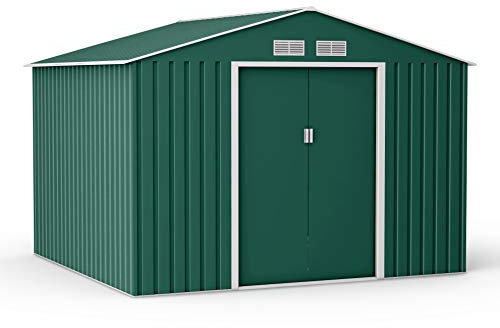 BillyOh Ranger Apex 9x8 Shed, Dark Green - Galvanised Steel Garden Storage Box for Tools & Bike with Vents, Foundation Kit - Lockable 2 Door Metal Shed for Outdoor Storage Cabinet Solution