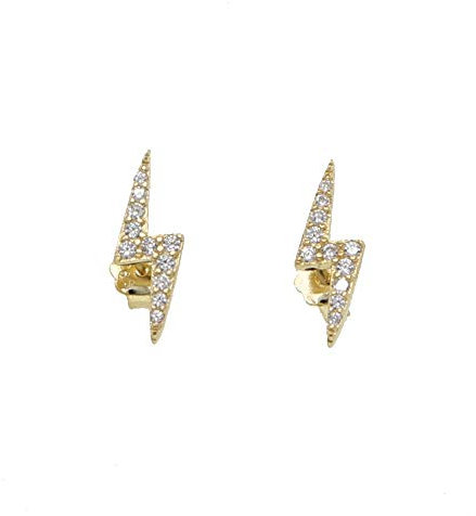 925 Sterling Silver Earrings For Women,Lightning Bolt Stud Earring 925 Sterling Silver Vermeil Gold White Paved Simple Studs Poetic Creation High Polished