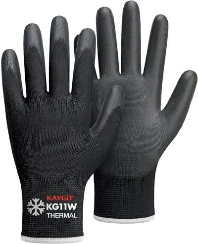KAYGO Thermo Arbeitshandschuhe PU beschichtet für Herren Damen 12 Paar, antirutsch Grip, Gefütterte Schutzhandschuhe für Winter Arbeit Kühlhaus Lager Bau bei kaltem Wetter, KG11W (Schwarz, XL, Gr 10)