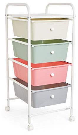 VonHaus Storage Trolley, 4 Drawer Pastel Wheeled Makeup Trolley, Durable Storage with Plastic Drawers, Chrome Frame & 360° Wheels, Versatile Organiser for Bedroom, Bathroom, Home Office
