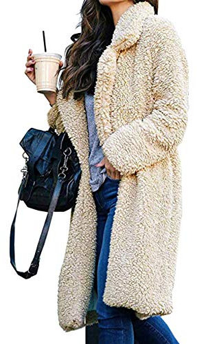 Yming Damen Winterjacke Kunstpelzmantel Langes Revers Plüschmantel Warme Dicke Strickjacke Beige M