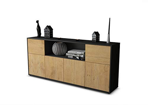 Stil.Zeit Sideboard Ernie, Korpus anthrazit matt, Front Holz-Design Eiche (180x79x35cm) Push-to-Open Technik & Leichtlaufschienen
