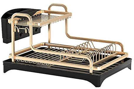 MYALQ Escurridor de Platos de Aluminio, Escurreplatos de Cocina con Desagüe Giratorio de 360° y Caja de Cubiertos, 2 Niveles Caja de Cubiertos, Porta Vasos para Encimeras de Cocina, Dorado