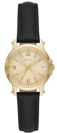 RELIC by Fossil Women's Matilda Three-Hand Date Gold Alloy Metal and Black Leather Band Watch (Model: ZR34630)