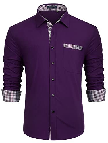Enlision Purple Dress Shirts for Men Long Sleeve Regular Fit Formal Wedding Shirt Business Contrast Colour Casual Shirts with Pocket M