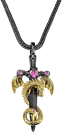 Cherbijou Dragon Sword Necklace Cool Jewelry for Men Brass Punk Monster Wing Necklace Silver Sword and Black Dragon Cross Pendant with Birthstone, 30*60MM, Copper Cubic Zirconia, Tourmaline