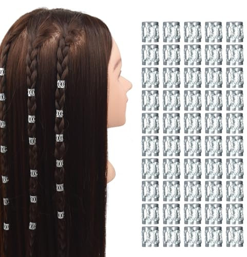 50 Stück Aluminium Dread Lock Verstellbar Metall Cuffs Haar Dekoration DIY Stil Dreadlocks Perlen Flechtet Haar Schmuck (Silber)