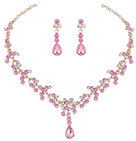 Prosy Parure de mariée avec collier et boucles d'oreilles en strass et cristal pour femme et fille (Couleur rose)